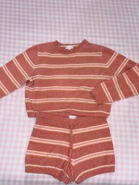 Colsie Striped Knit Lounge Set in Coral with Pastel Accents